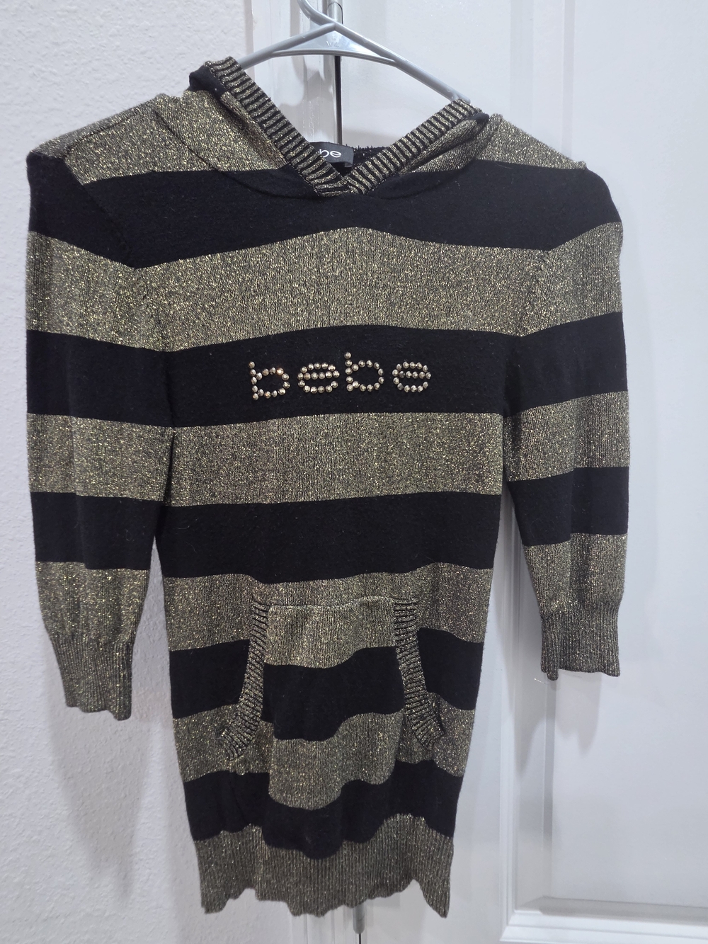 bebe Black and Gold Striped Hooded Sweater Dress
